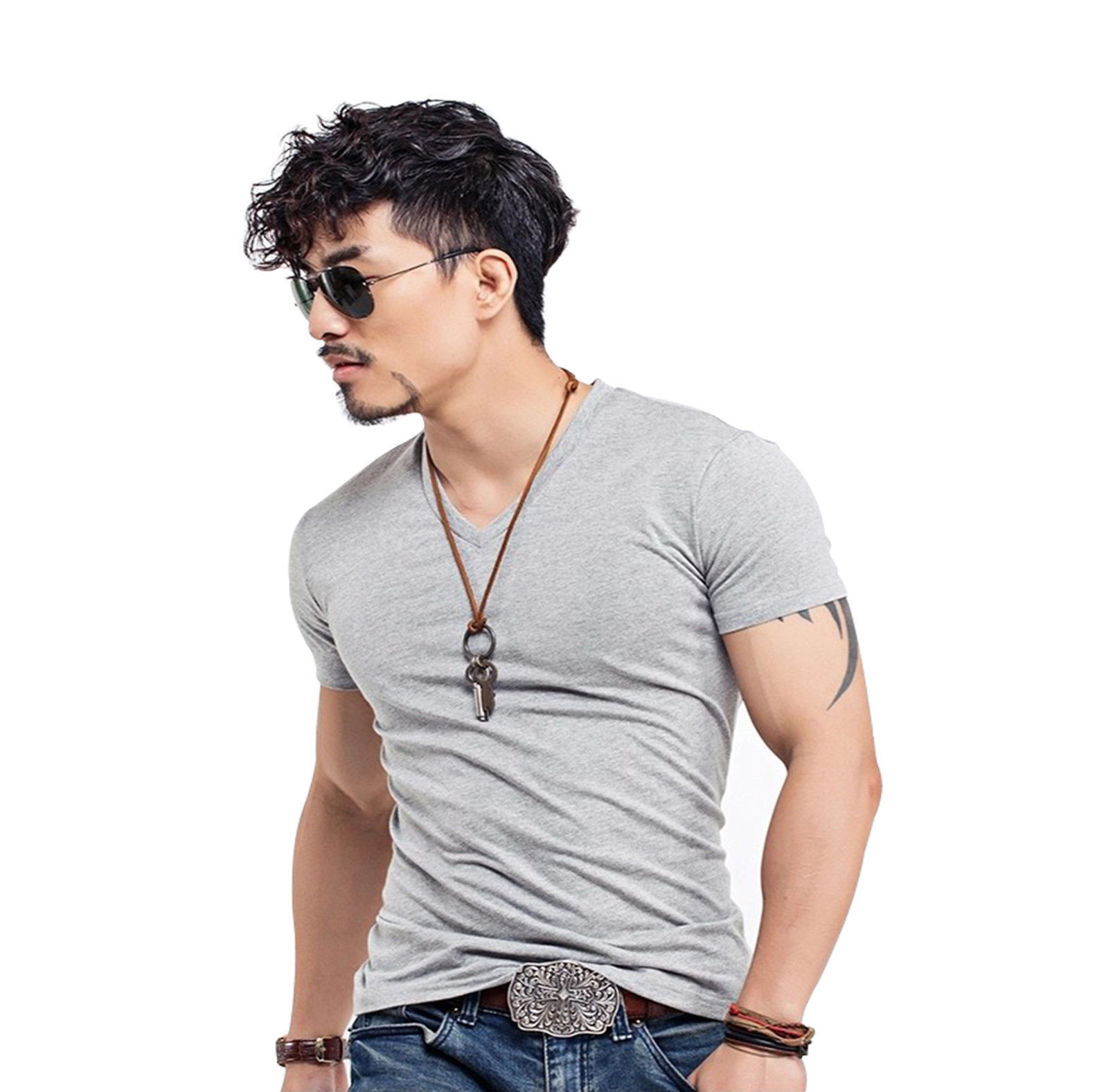 Men Slim Fit V-Neck Short Sleeves Cotton Grey T-Shirts - Skylinewears