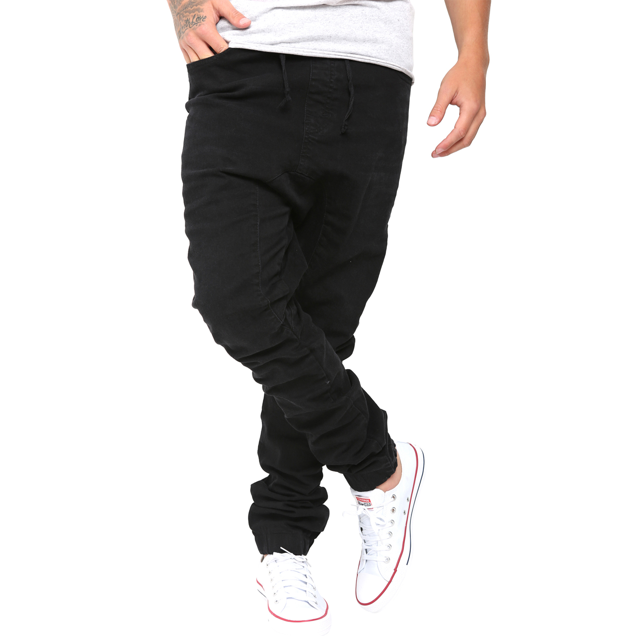 Mens Black Cotton Jogging Elastic Pant Low Crotch Drawstring Baggy ...