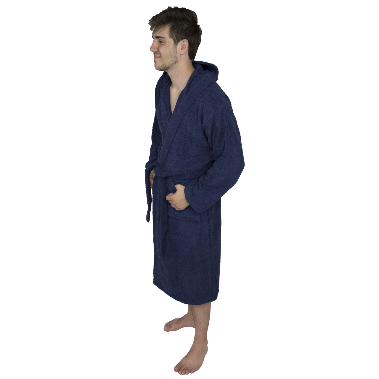 Men’s Terry Toweling Cotton Bathrobe Hooded Dressing Gown-Navy