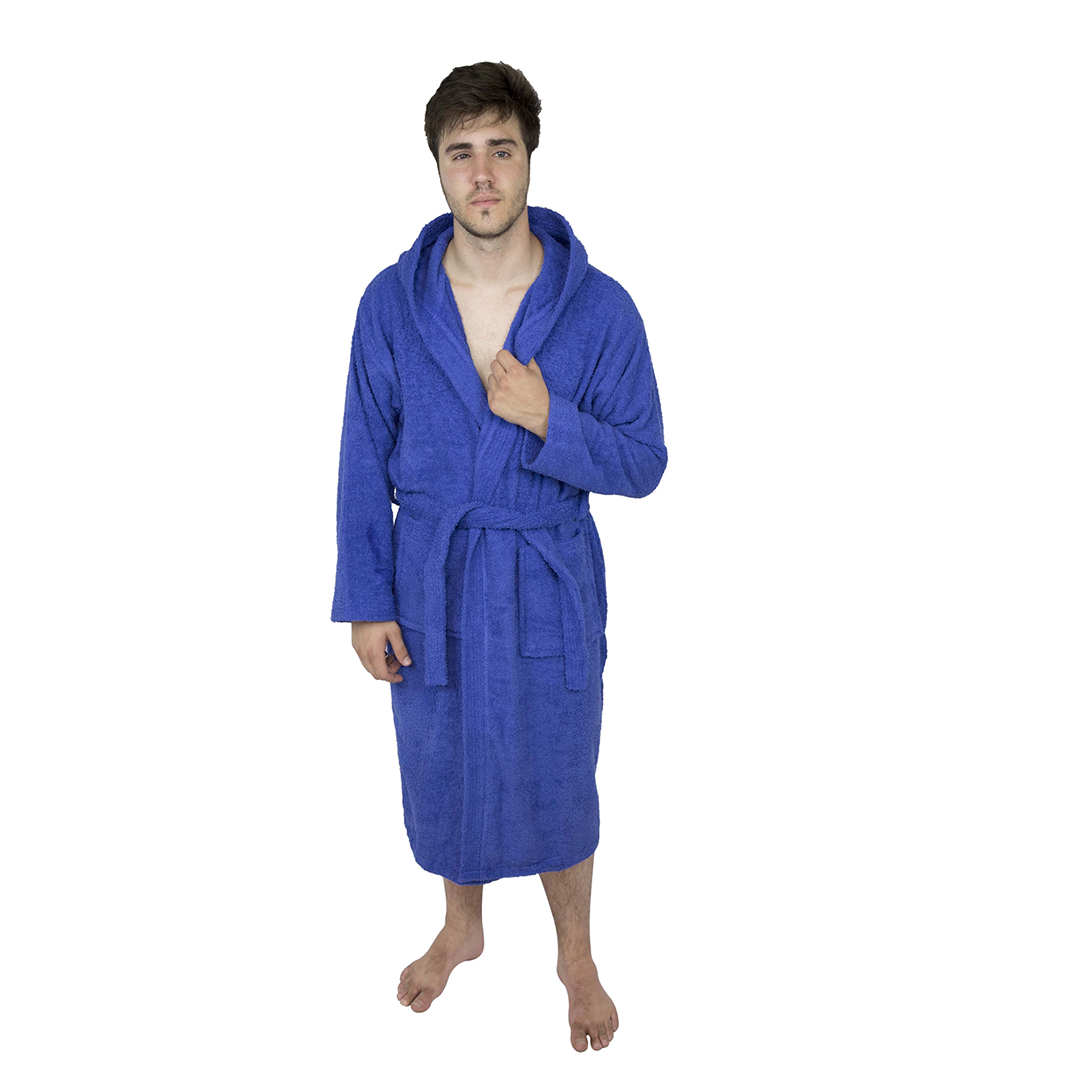 Men’s Terry Toweling Cotton Bathrobe Hooded Dressing Gown-Blue