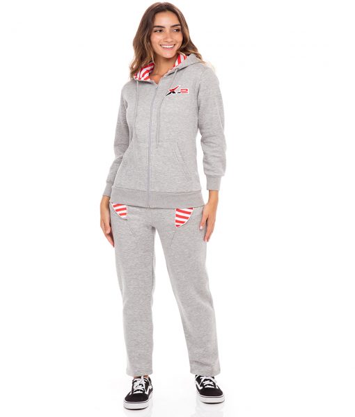 Womens Gray Patch Athletic Zip Fleece Tracksuit Hooded Top - Skylinewears