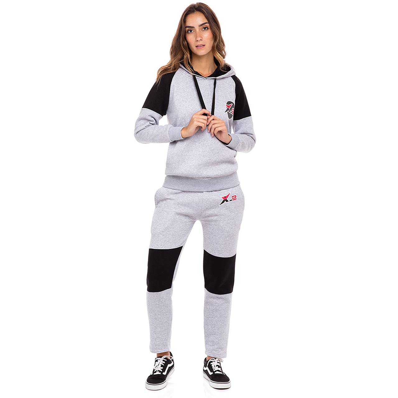 Womens Black Grey Athletic Zip Fleece Tracksuit Hooded Top - Skylinewears