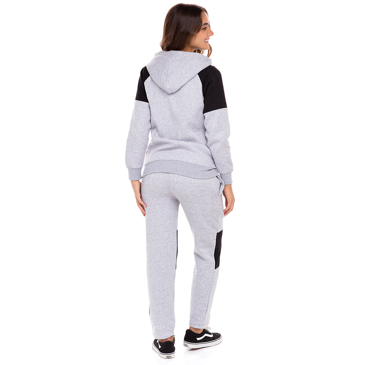 Womens Grey Black Athletic Zip Fleece Tracksuit Hooded Top - Skylinewears