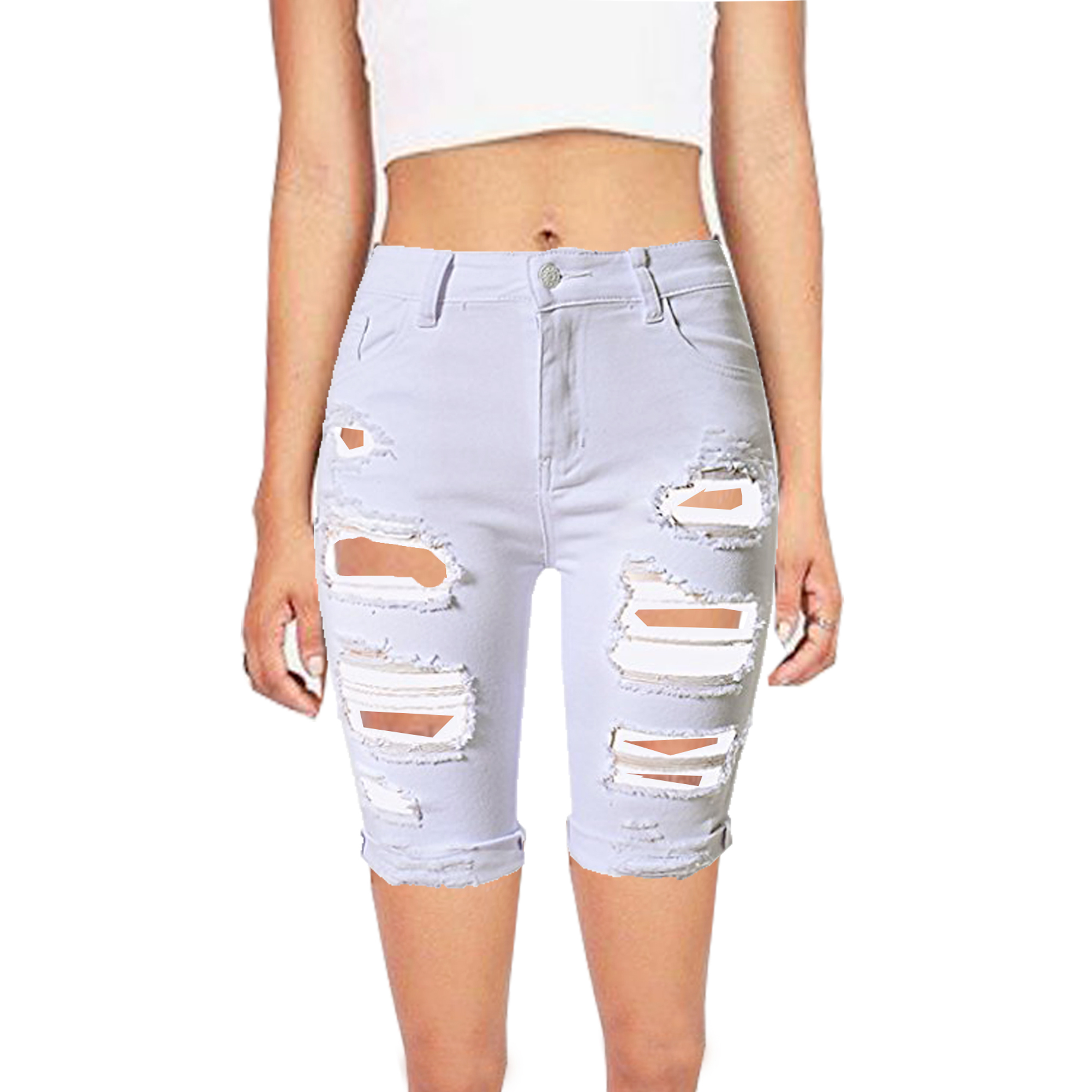 Womens White Bermuda Denim Stretchy Mid Rise Jeans Shorts - Skylinewears