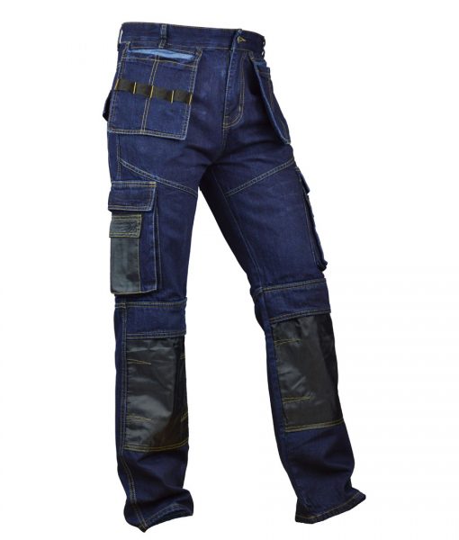 Men Mid Blue Denim Utility Workwear pants Cordura Knee Reinforcement ...