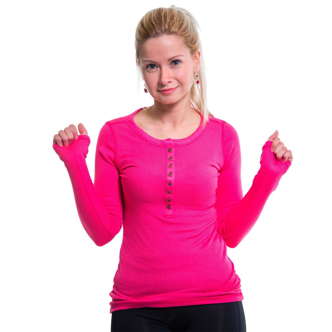 Women Pink Slim Fitted Crew Neck Knit T-Shirt Button Placket Lace