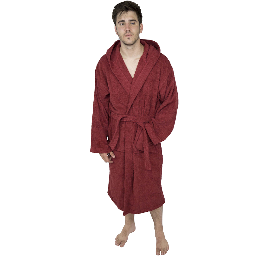 Men’s Terry Toweling Cotton Bathrobe Hooded Dressing Gown-Wine