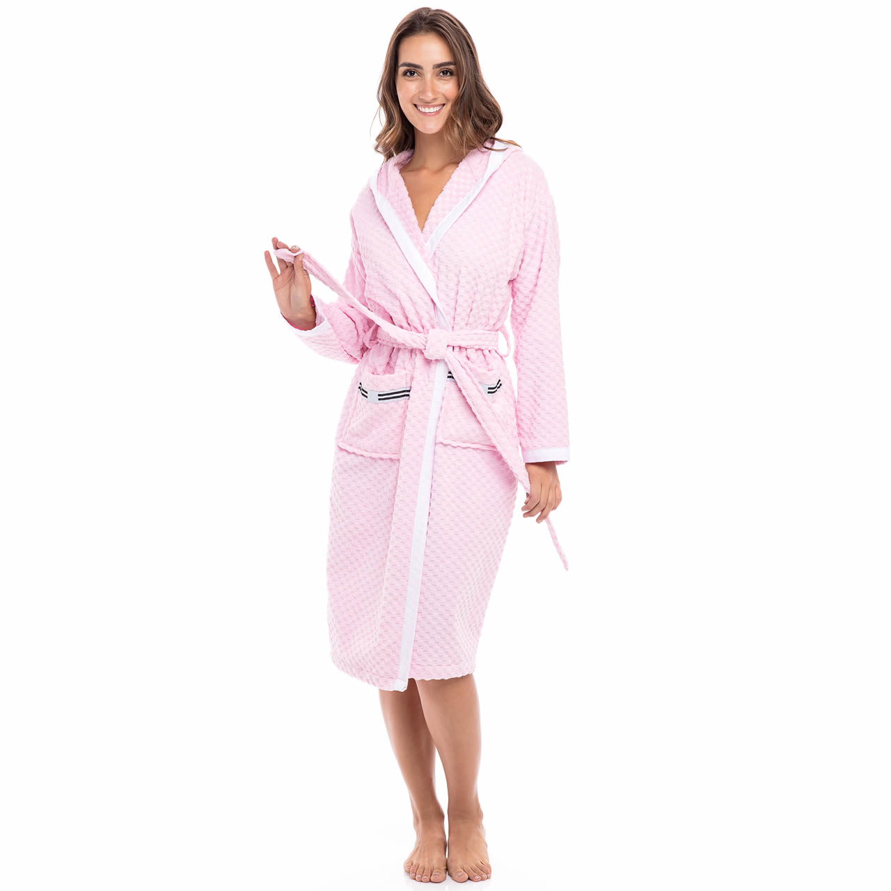 Women’s Pink Luxury Robes 100% Terry Cotton Hooded Bathrobe Spa Robe ...