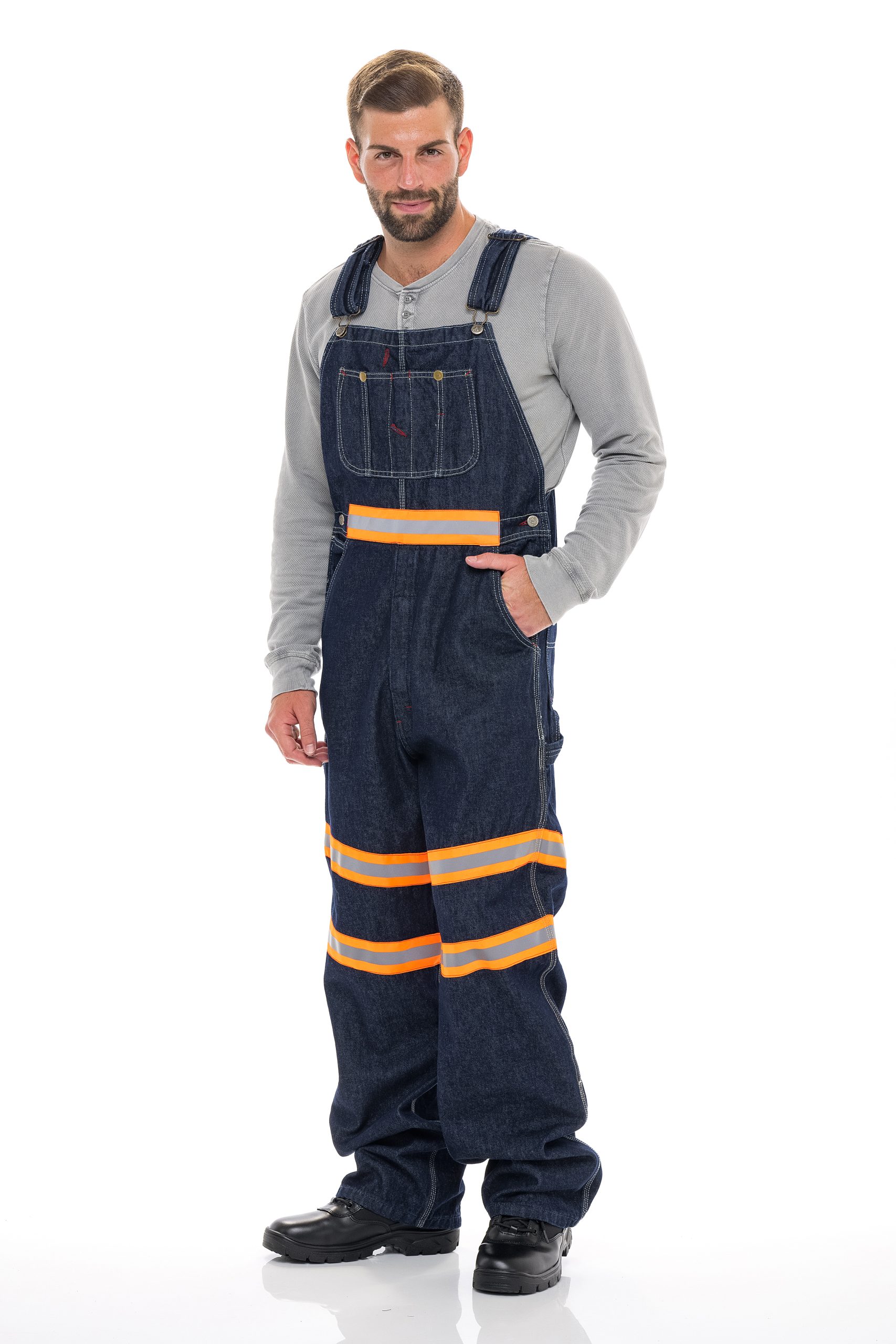 Mens Hi Vis Bib Overall Men Enhanced Visibility Denim Dungaree Pants Dk Blue Orange 9874