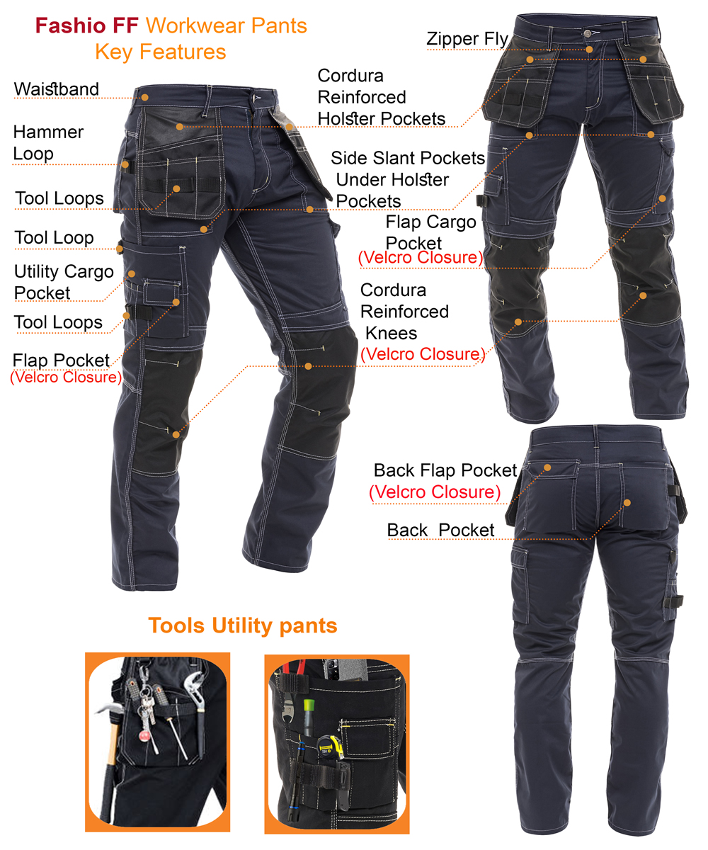 Mens Navy Construction Pants Utility Tool Pockets Carpenter Cordura ...