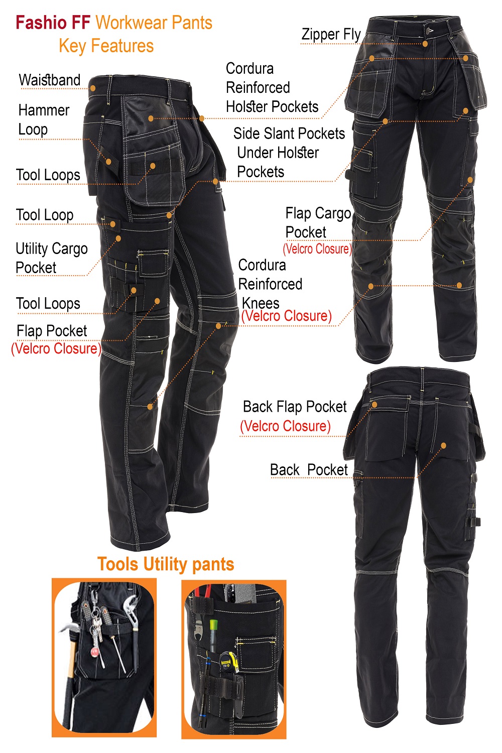 Mens White Construction Pants Utility Tool Pockets Carpenter Cordura ...